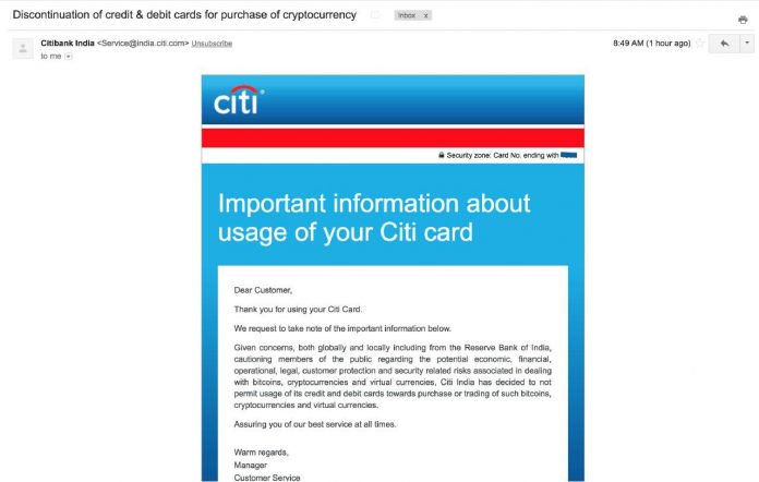Citibank India запретил покупать криптовалюту кредиткой